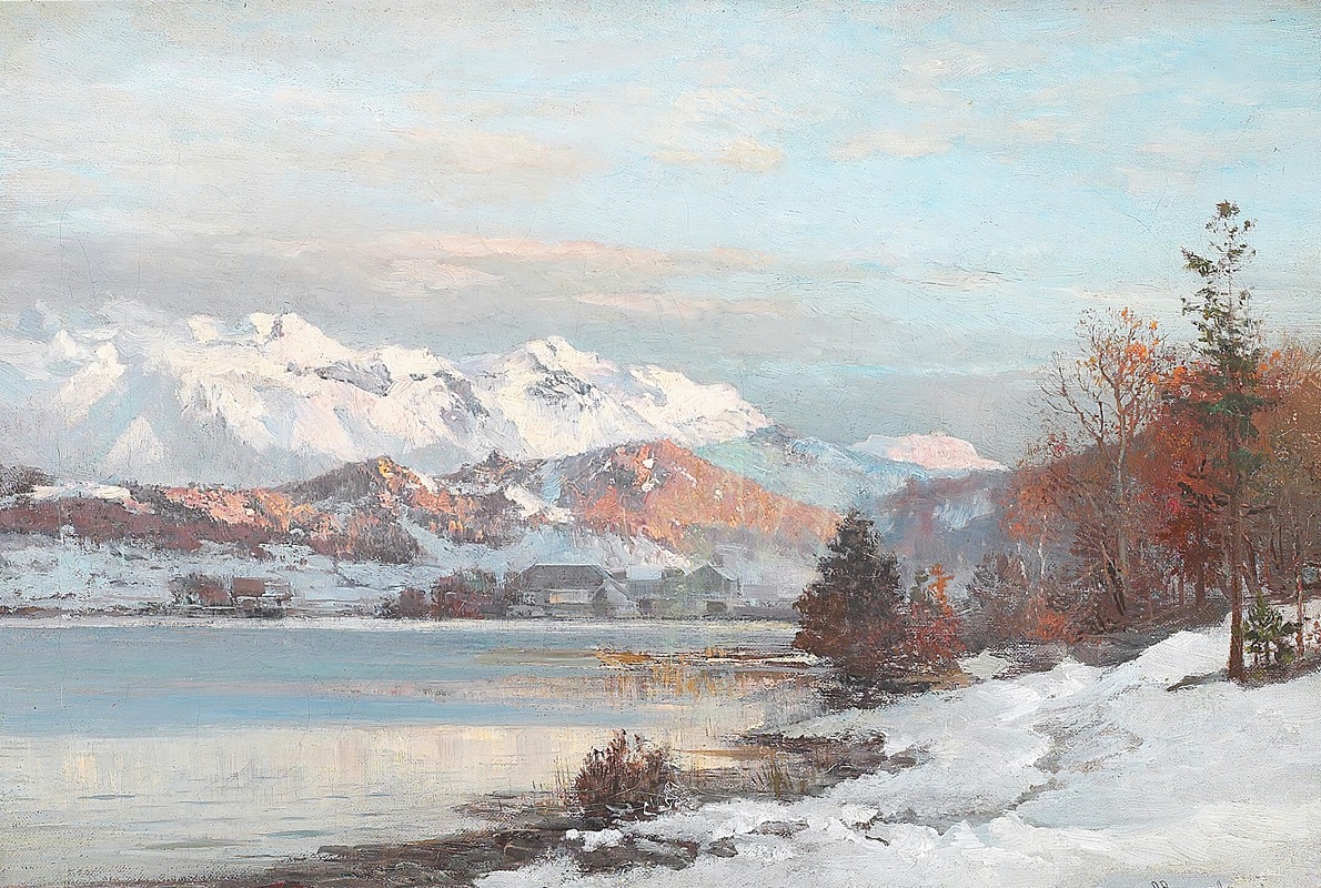 Anders Andersen-Lundby - Vinterlandskab med morgenlys over bjergsø, i baggrunden udsigt til Alperne