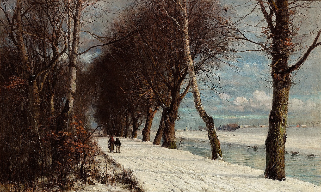 Anders Andersen-Lundby - Vinterlandskab med spadserende personer