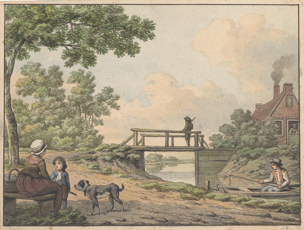 Anthony Andriessen - Landschap met figuren en een bruggetje bij een boerenwoning