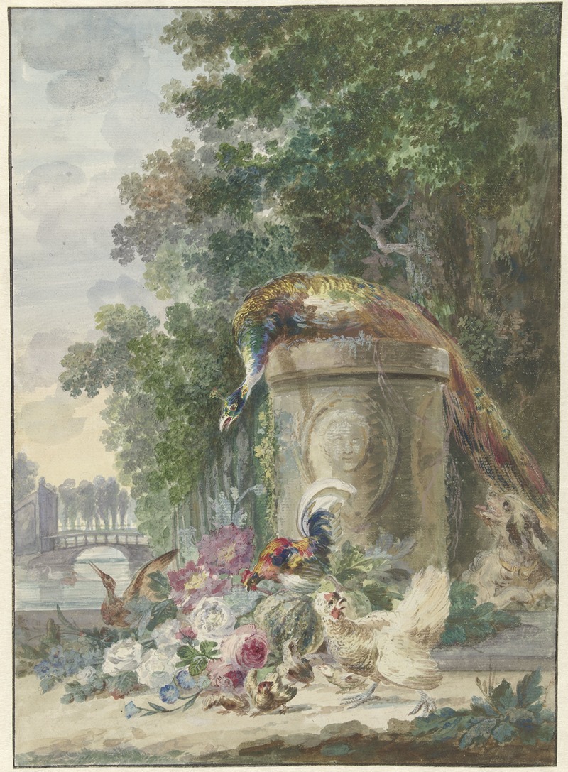 Arie Lamme - Peacock and Poultry in a Park, Chased by a Dog