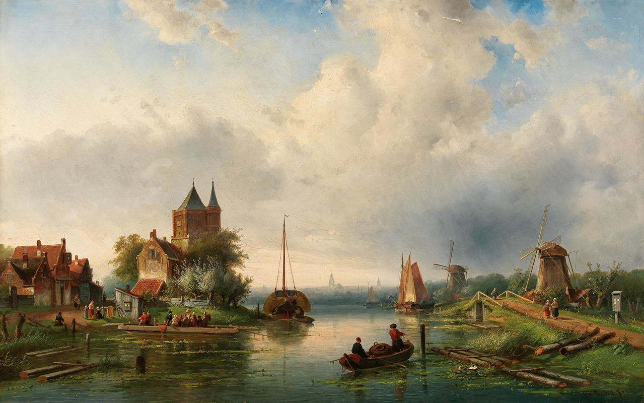 Charles Leickert - A Vast River Landscape with Windmills