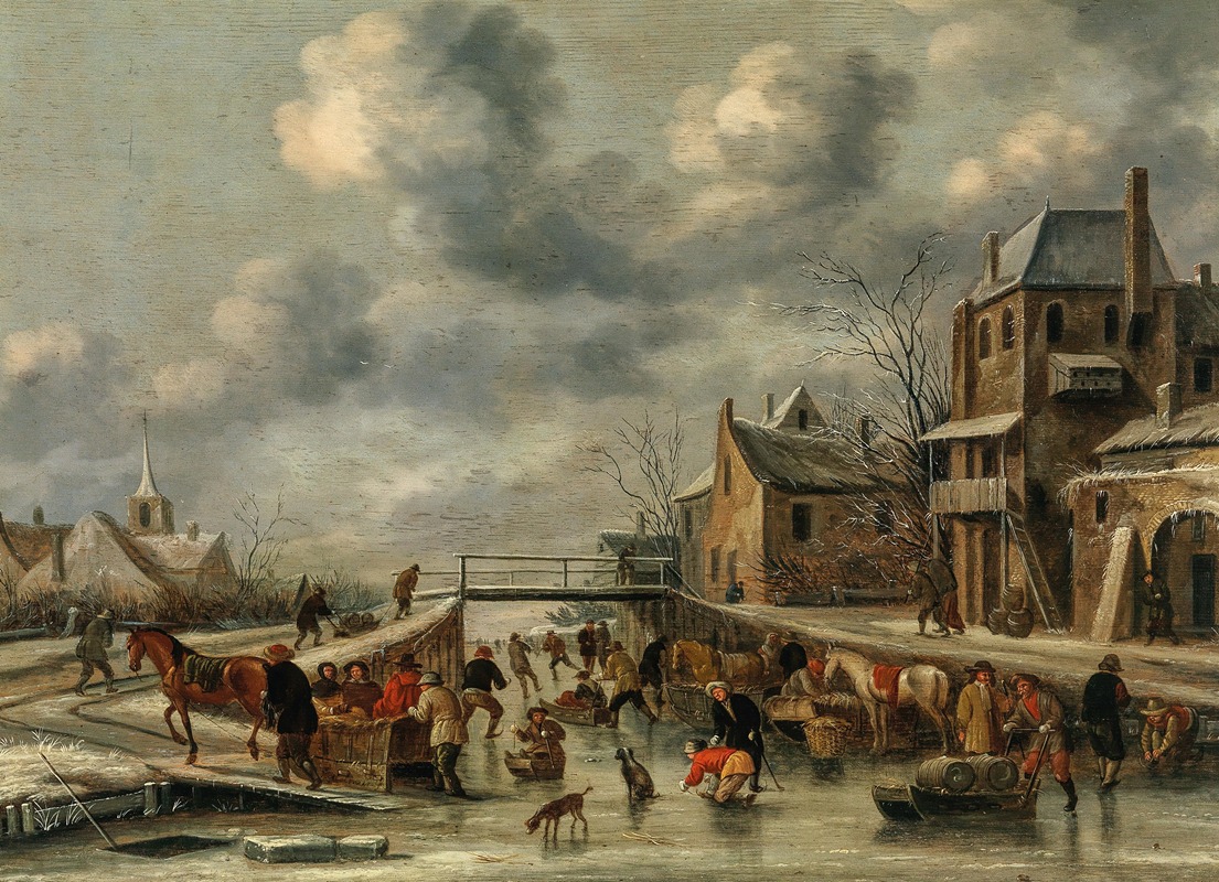 Nicolaes Molenaer - A winter landscape with skaters on a frozen river
