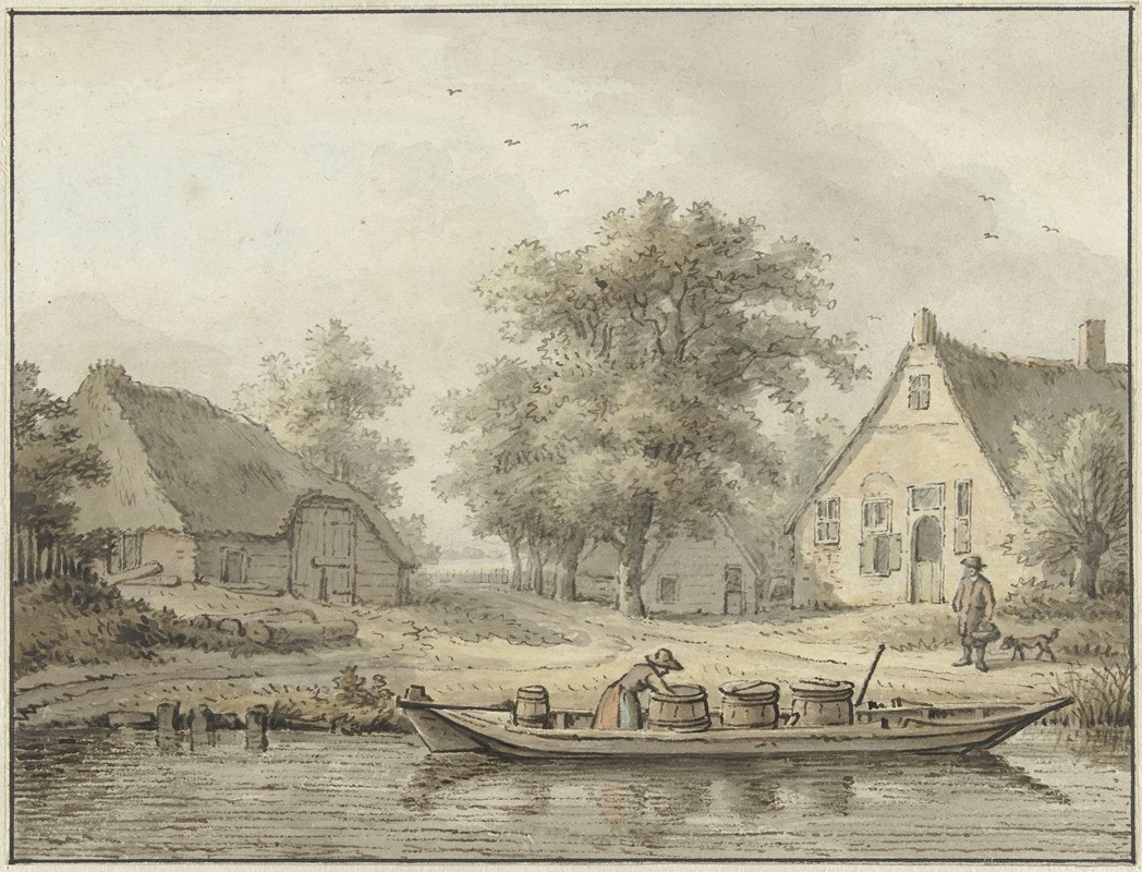 Cornelis Buys - Landschap met afgemeerde schuit met vaten
