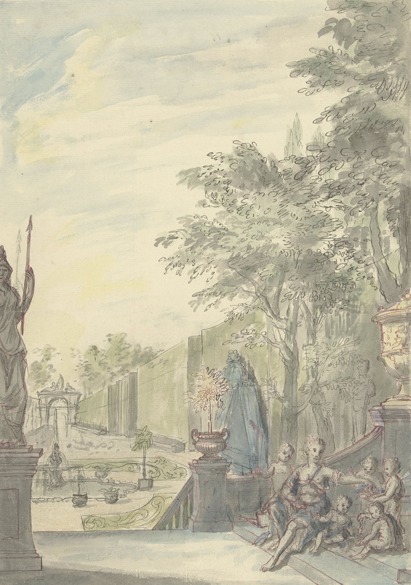 Daniël Marot the younger - Gezicht vanaf een terras in een ornamentale tuin