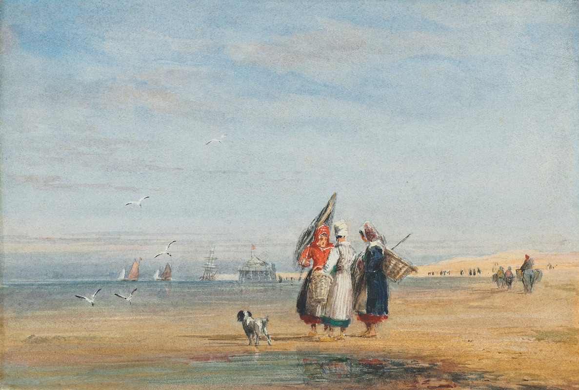 David Cox - Calais beach with shrimpers and a dog