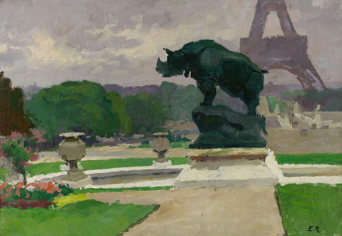 Ernest Jules Renoux - Jardin du Trocadéro avec le Rhinocéros de Jacquemart