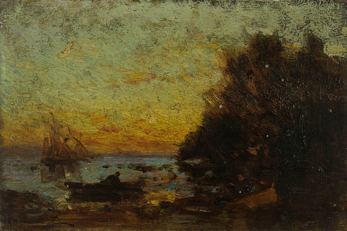 Félix Ziem - Barque et voiliers, coucher de soleil. Au revers; Marine