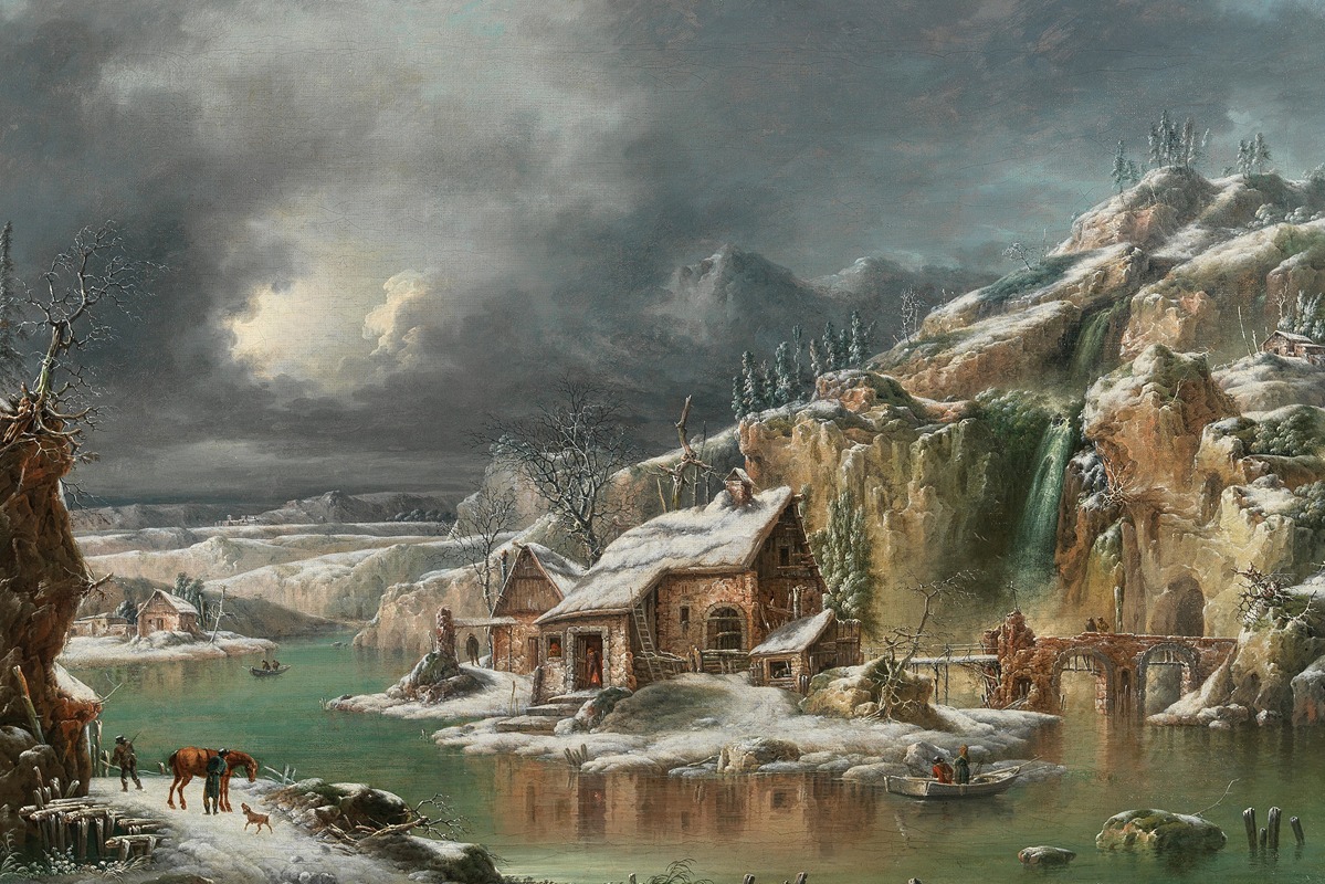 Francesco Foschi - A winter landscape with travellers by a river