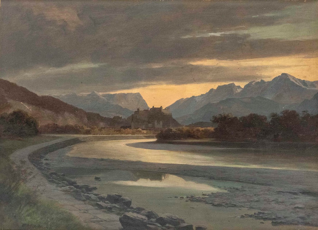 Franz Kulstrunk - Abendstimmung in Salzburg vom Salzachufer bei Bergheim