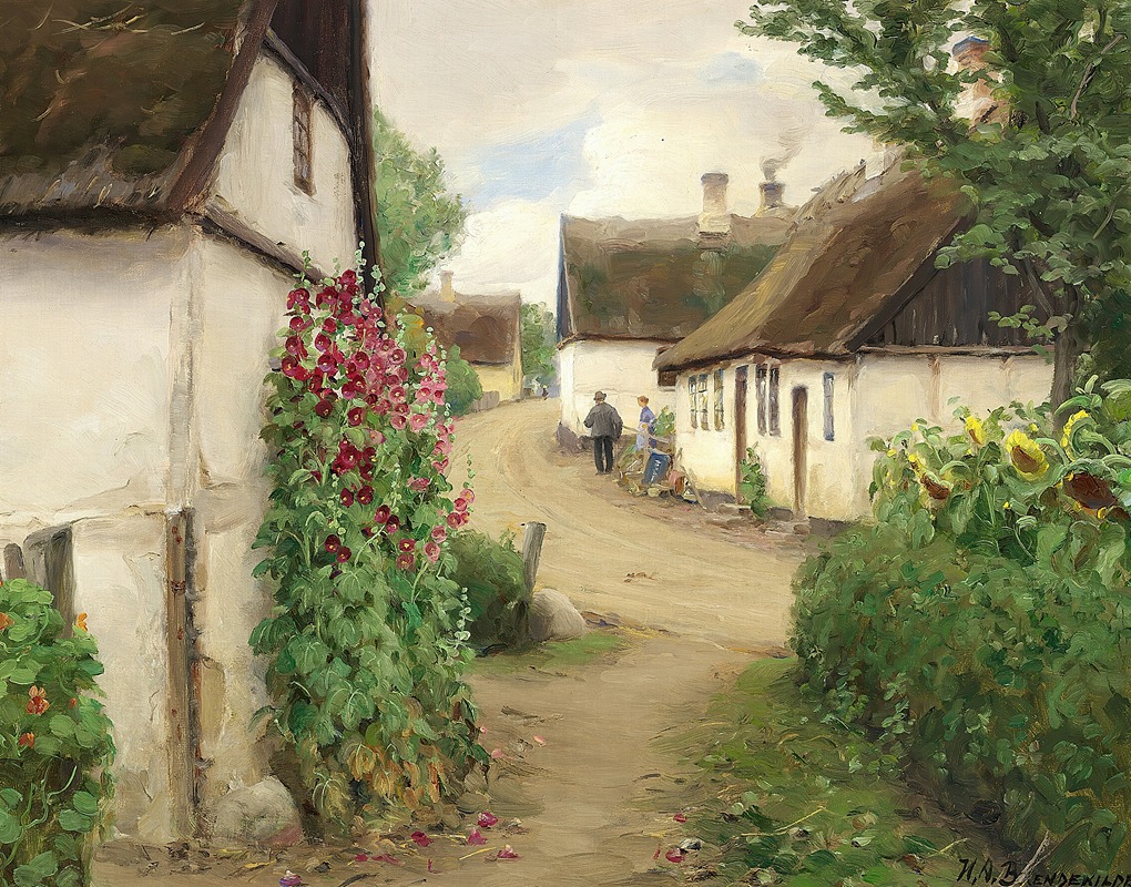 Hans Andersen Brendekilde - Sommerdag i en landsbygade med solsikker og røde stokroser