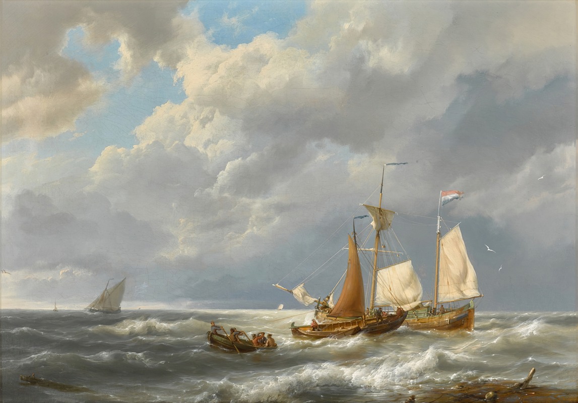 Hermanus Koekkoek - A Dutch Barge Offshore Amid Small Vessels in a Stiff Breeze