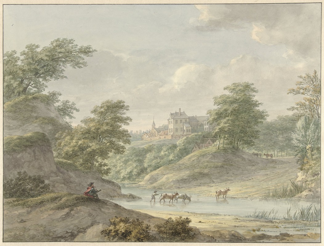 Hermanus Numan - Landschap met zittende tekenaar en kasteel aan water