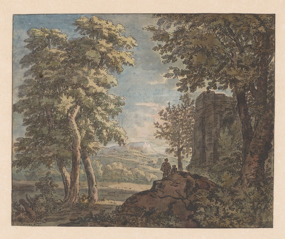 Jacob van Liender - Arcadisch landschap met antiek bouwval en twee mannen