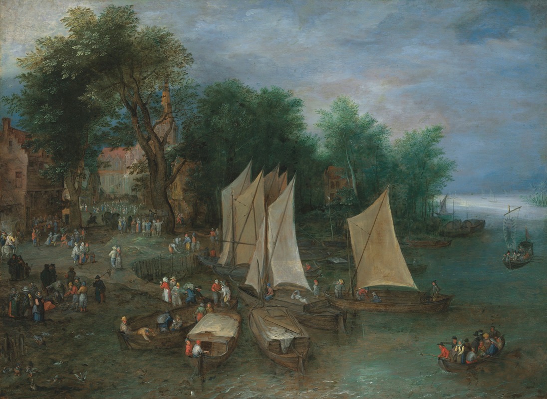 Jan Brueghel The Elder - A landing stage near a village with shipping and figures