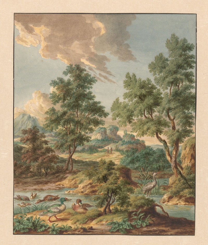 Jan Hendrik Troost van Groenendoelen - Landschap met watervogels in een poel