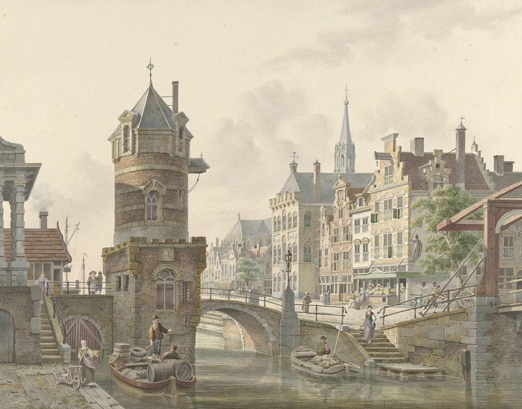 Jan Hendrik Verheijen - Gracht in een stad met een torentje bij een stenen brug