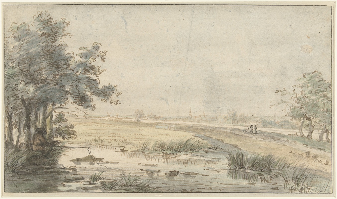 Jan Hulswit - Landschap met een hengelaar aan het water