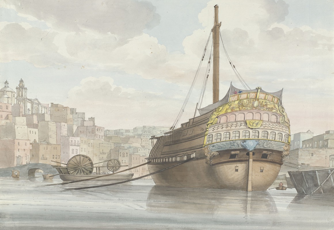 Abraham-Louis-Rodolphe Ducros - Gezicht op haven met galei schip vlakbij de werf
