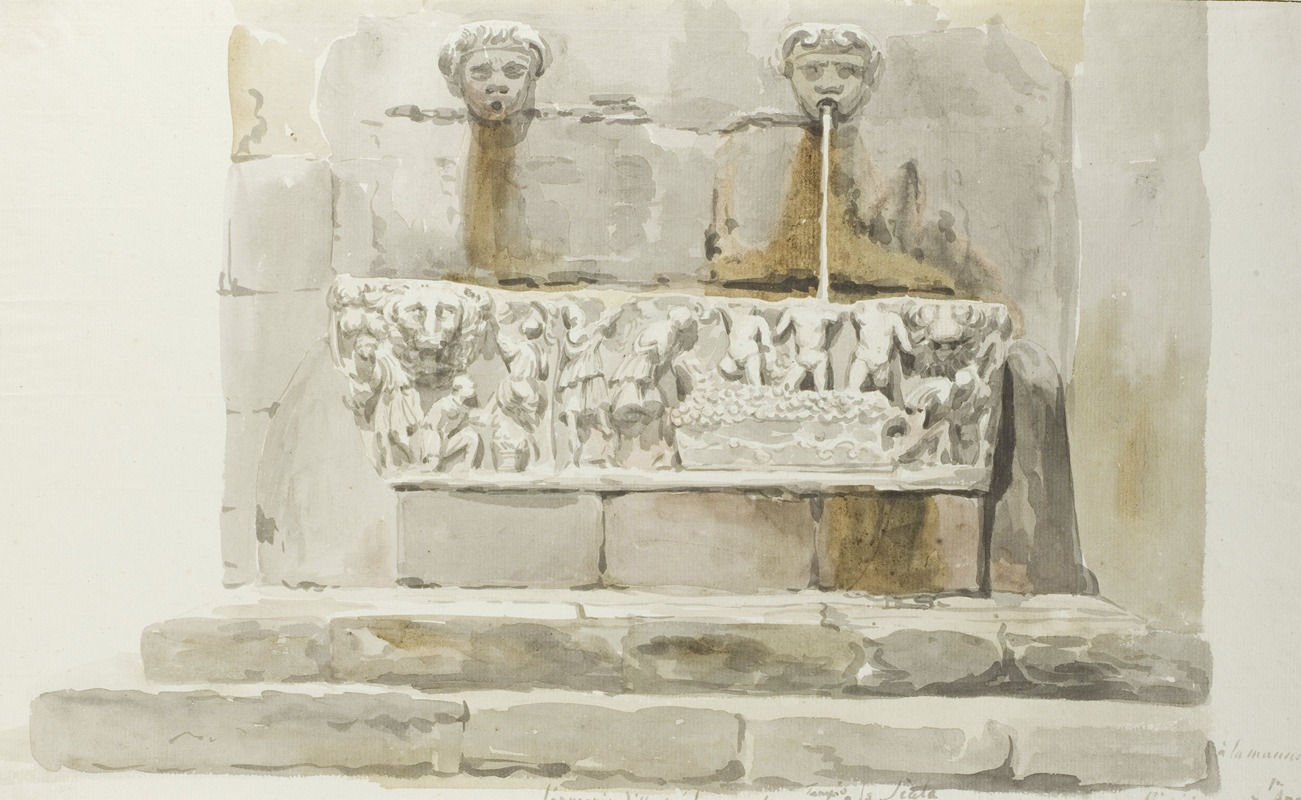 Abraham-Louis-Rodolphe Ducros - Oude sarcofaag als fontein in Messina