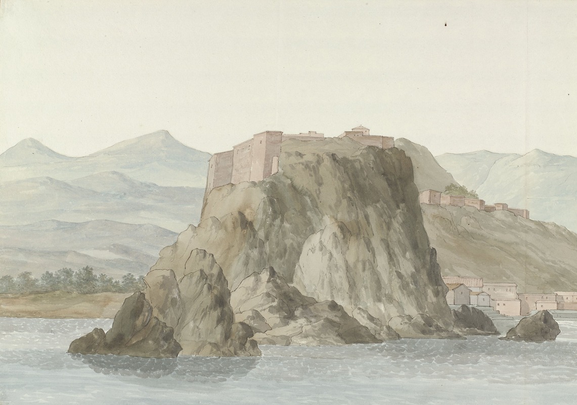 Abraham-Louis-Rodolphe Ducros - Rots en stad Scilla in de regio Calabrië gezien vanaf zee aan de noordkant