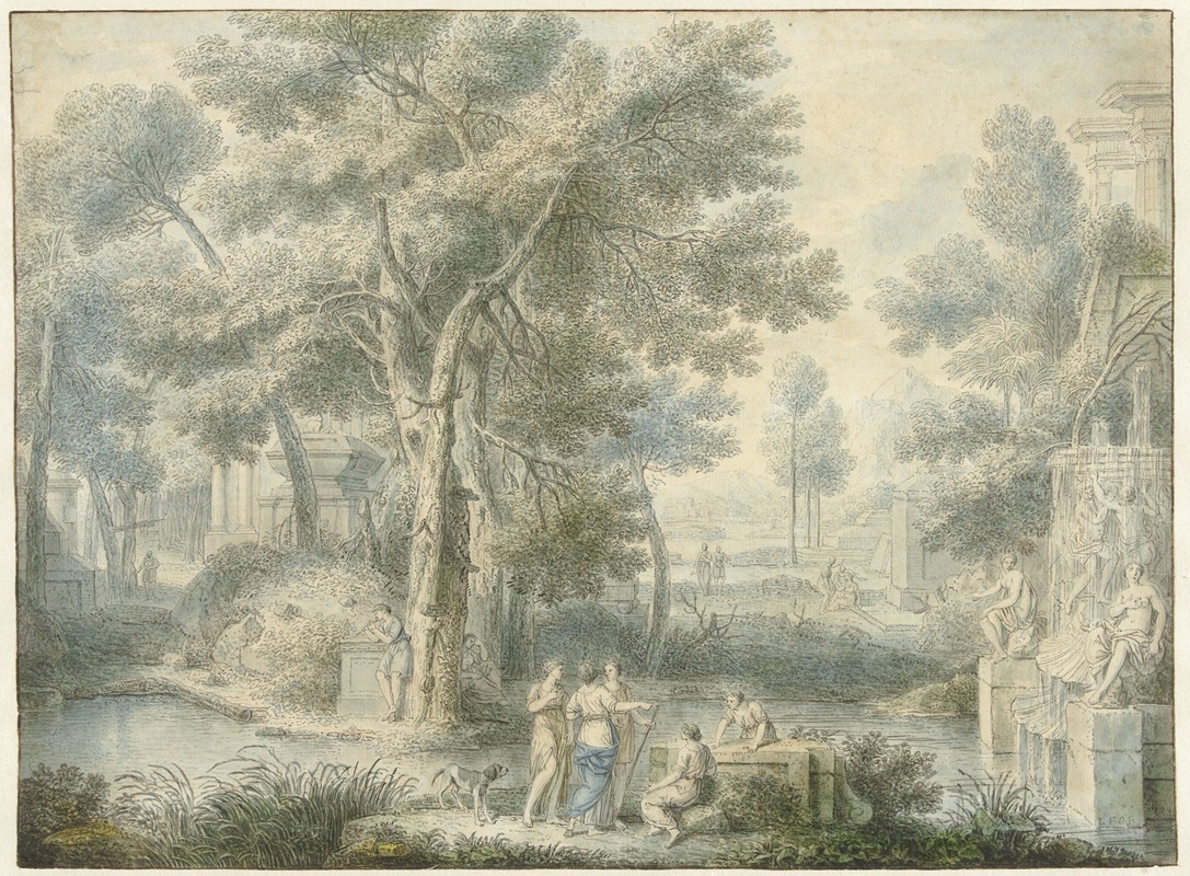 Louis Fabritius Dubourg - Arcadisch landschap, met rechts een fontein
