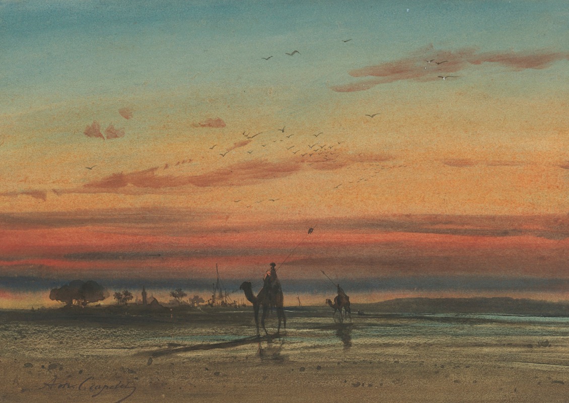 Louis-Amable Crapelet - Sunset in Egypt, with two Bedouins on camels
