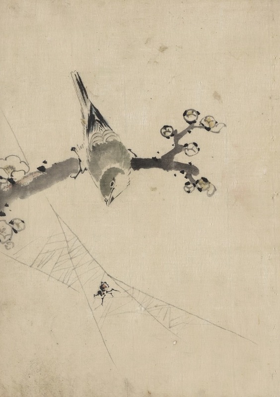 Katsushika Hokusai - A bird perched on a tree branch with blossoms, watching a spider on a web