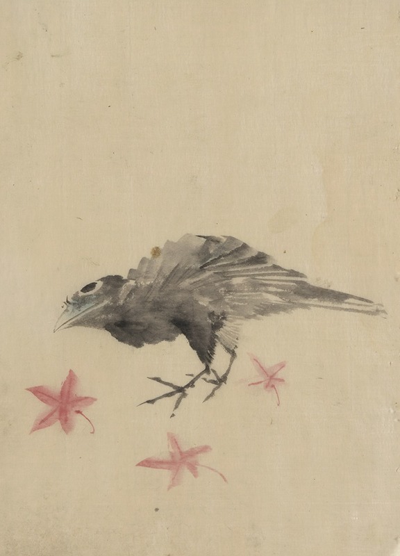 Katsushika Hokusai - A bird, possibly crow or raven, facing left, standing among leaves with head cocked as though looking closely or listening