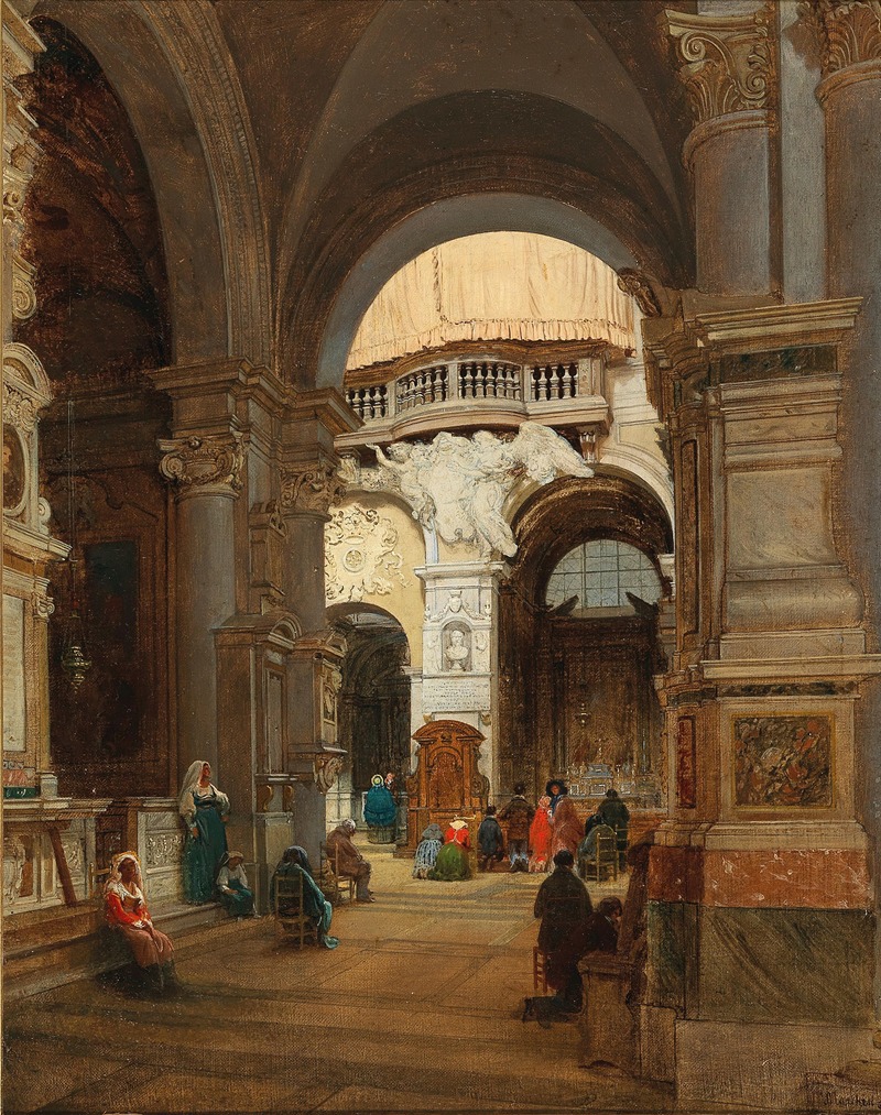 Luigi Marchesi - Rome, a Scene in the Church of Santa Maria del Popolo, in the Background the Organ Gallery with the Coat of Arms of Giulio II della Rovere