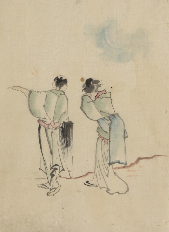 Katsushika Hokusai - A man and a woman, seen from behind, are looking to where the man is pointing with his left arm