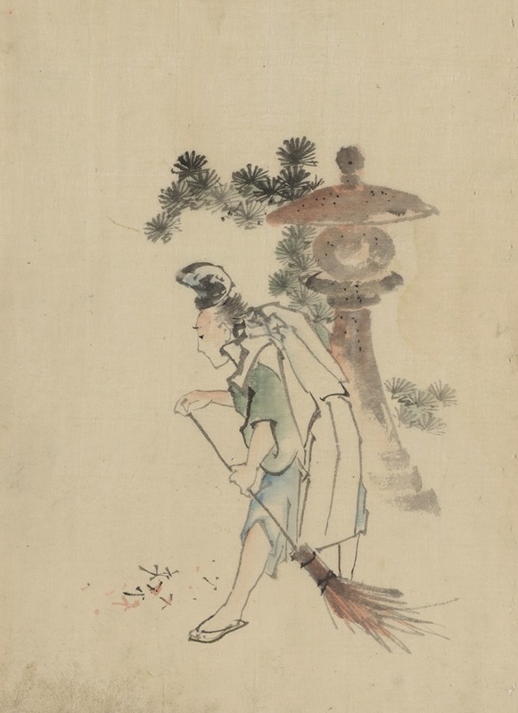Katsushika Hokusai - A man sweeping pine needles that have fallen from a tree near a stone shrine