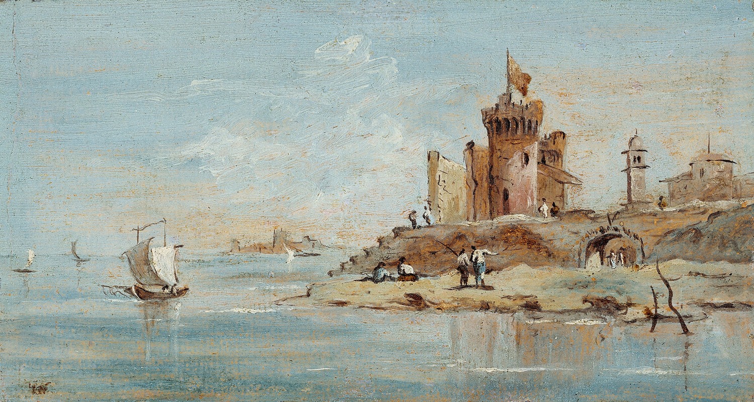 Niccolò Guardi - Caprice, avec forteresse en ruine au bord de la lagune