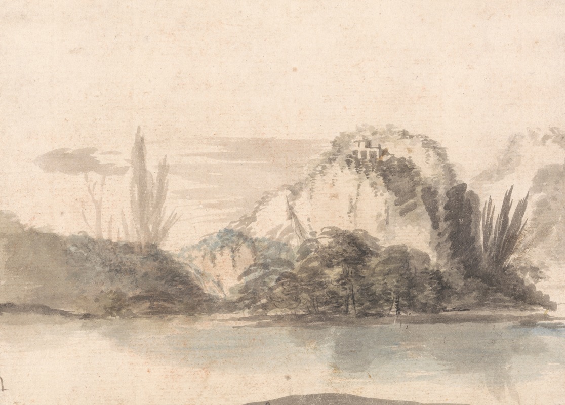 Alexander Runciman - A Temple Perched on a Rocky Outcrop Seen Across a Lake