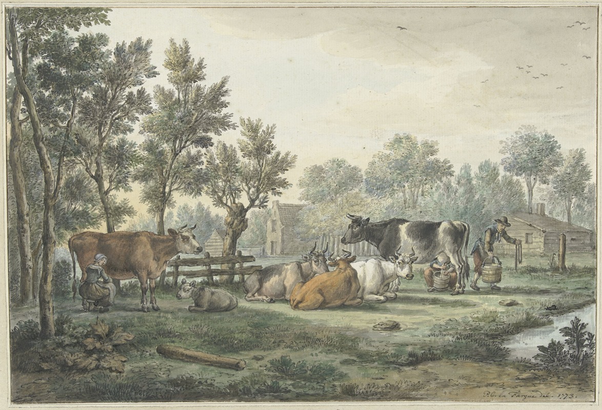 Paulus Constantijn la Fargue - Wei met koeien die gemolken worden