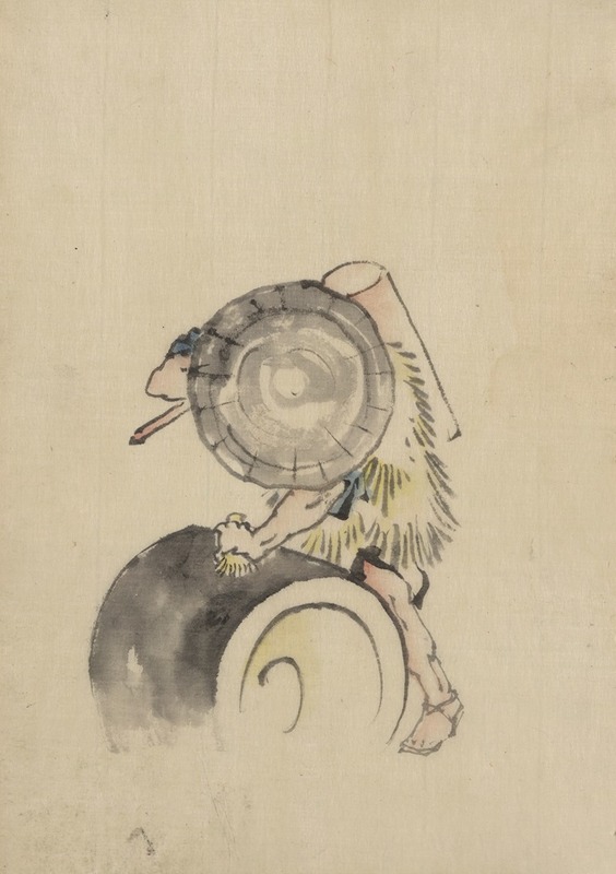 Katsushika Hokusai - A man, wearing a large conical hat and a straw or feather garment