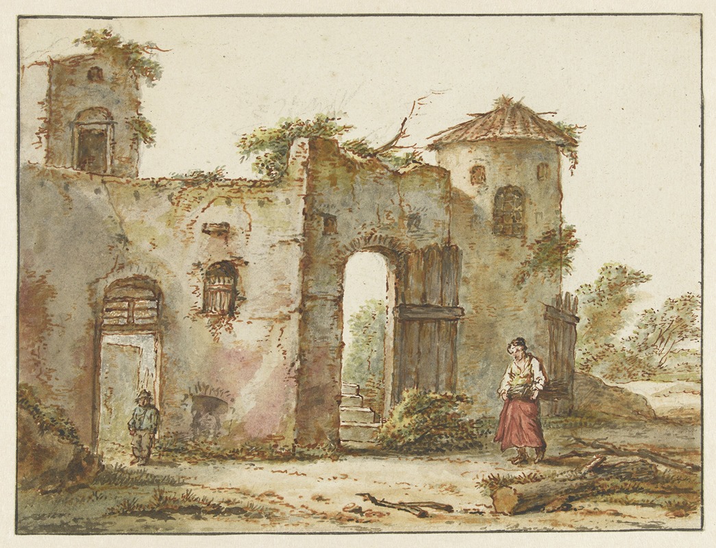 Pieter Bartholomeusz. Barbiers - Vervallen gebouw met rechts een houtsprokkelaarster