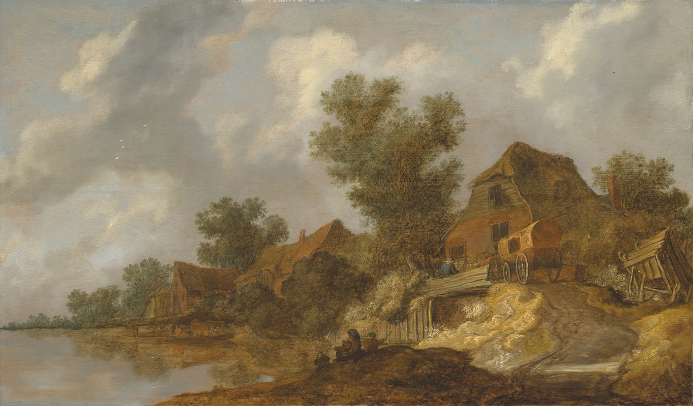 Pieter de Molijn - A river landscape with a ferry and fisherfolk, a carriage on a bridge near houses to the right