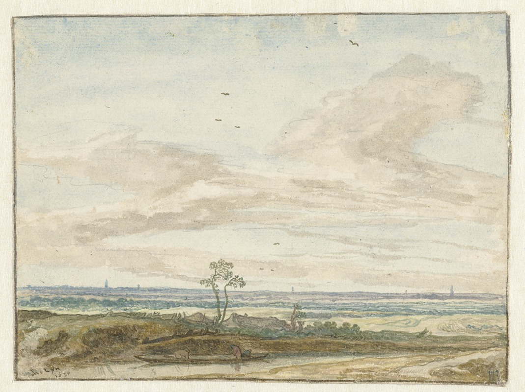 Pieter de Molijn - Wijd landschap met een weg langs een vaart
