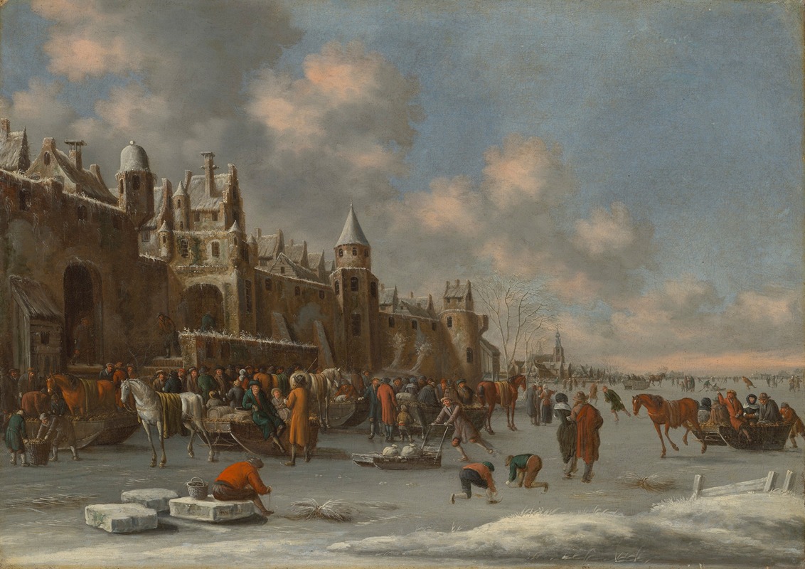 Thomas Heeremans - A winter landscape with skaters on a frozen lake near a city wall