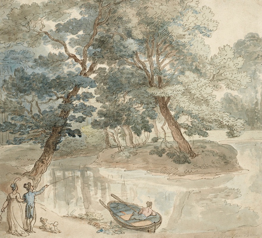 Thomas Rowlandson - Elegant figures with a dog, by a lake