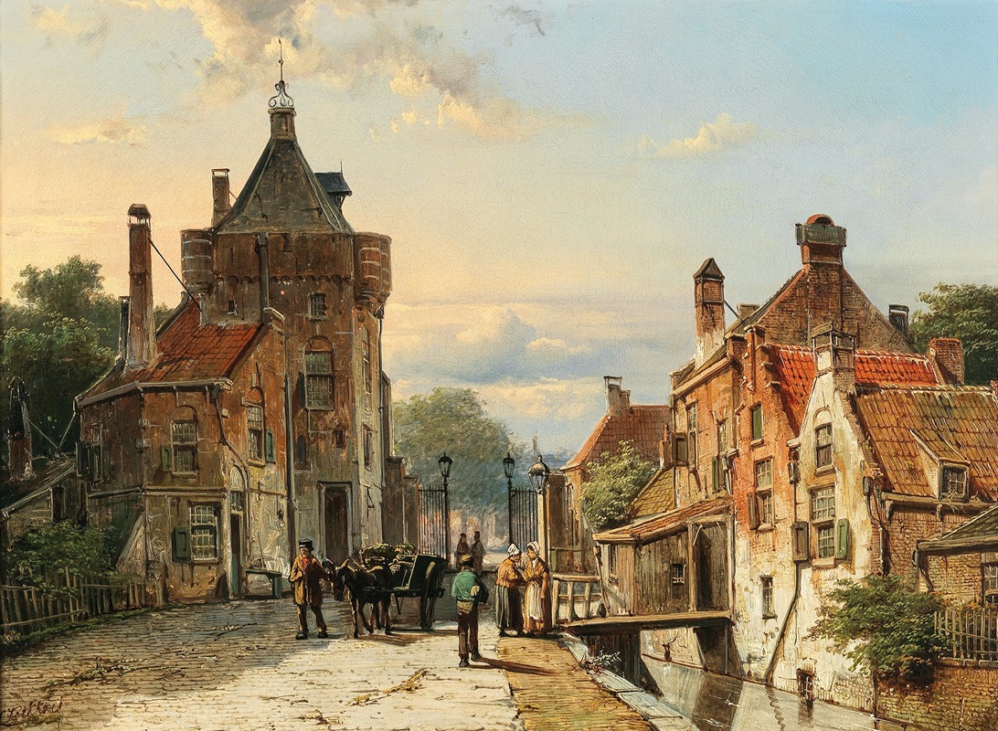 Willem Koekkoek - A View of a Netherlandish Town with Figures Chattering