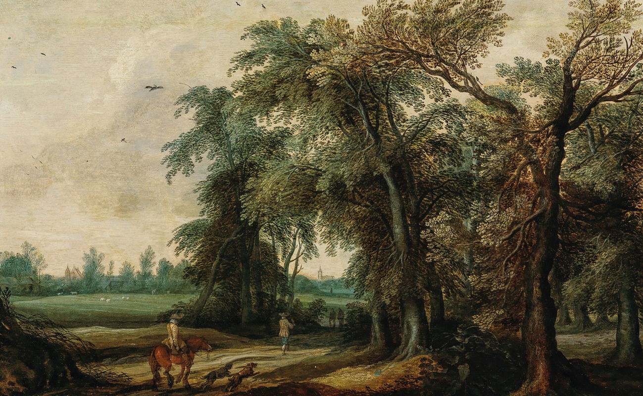 Willem van den Bundel - A wooded landscape with hunters