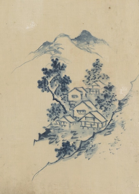 Katsushika Hokusai - Buildings nestled among trees in a mountain valley