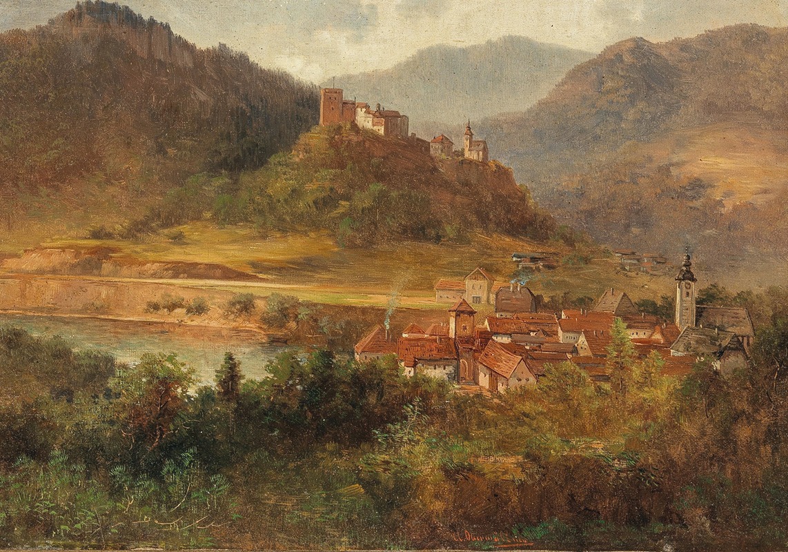 Adolf Obermüllner - Dorf mit Fluss und Burg