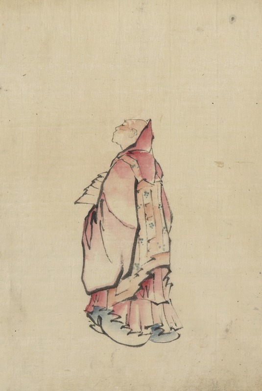 Katsushika Hokusai - Side view of a monk, full-length portrait, facing left, wearing gown with hood