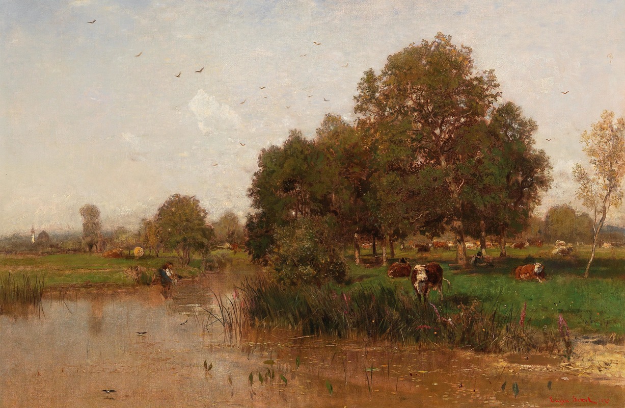 Eugen Jettel - River Landscape with Cows Resting