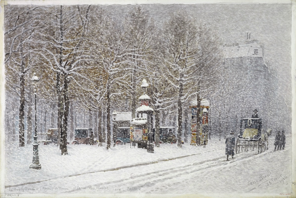 Félix Brard - La rue Gassendi, l’avenue du Maine et la rue des Palntes sous la neige en Février 1916
