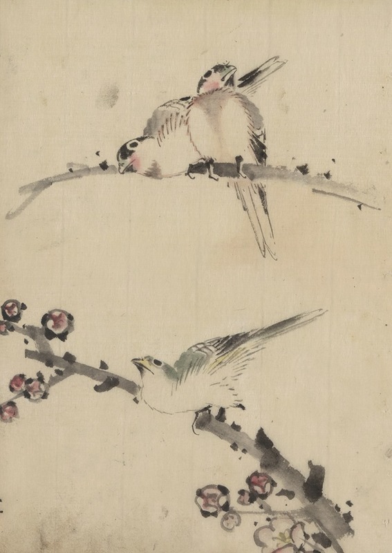 Katsushika Hokusai - Three birds perched on branches, one with blossoms