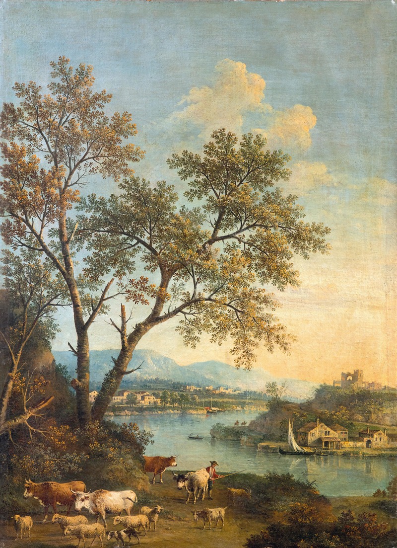 Giovanni Battista Cimaroli - A river landscape with a herdsman in the foreground and a village beyond