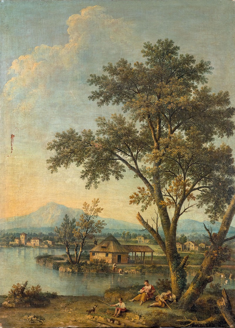 Giovanni Battista Cimaroli - A river landscape with figures resting in the foreground and a washerwoman beyond